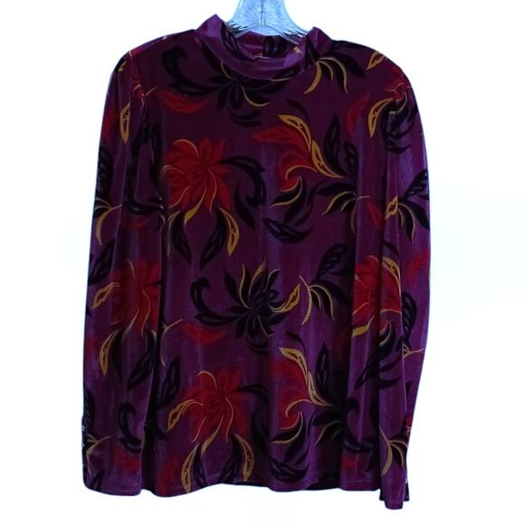 NEW purple velour mock neck with tropical flowers sz M - Picture 2 of 11